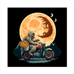 ramen monster in moon of Kanagawa  riding motorcycle Posters and Art